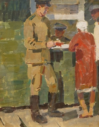 Shpainko ?, Study of civilians and a gentleman in military dress, unsigned, oil, 47 x 37cm